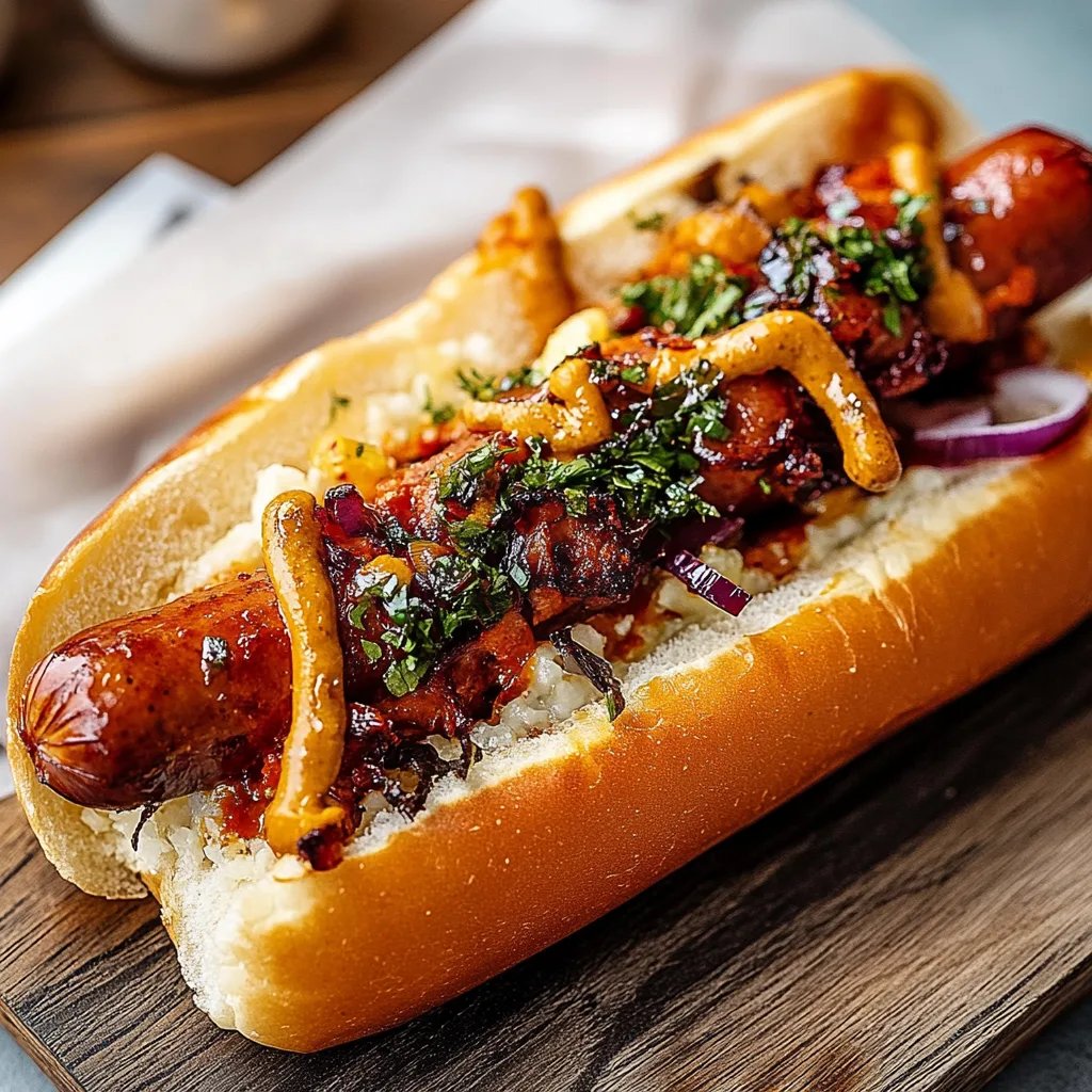 Bayern-Hotdog mit Rotkohl und Bratwurst